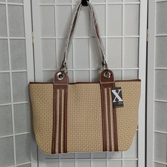 Maxx New York Woven Shoulder Bag with Matching Wristlet | Tan & Brown Vinyl Trim - Picture 11 of 15